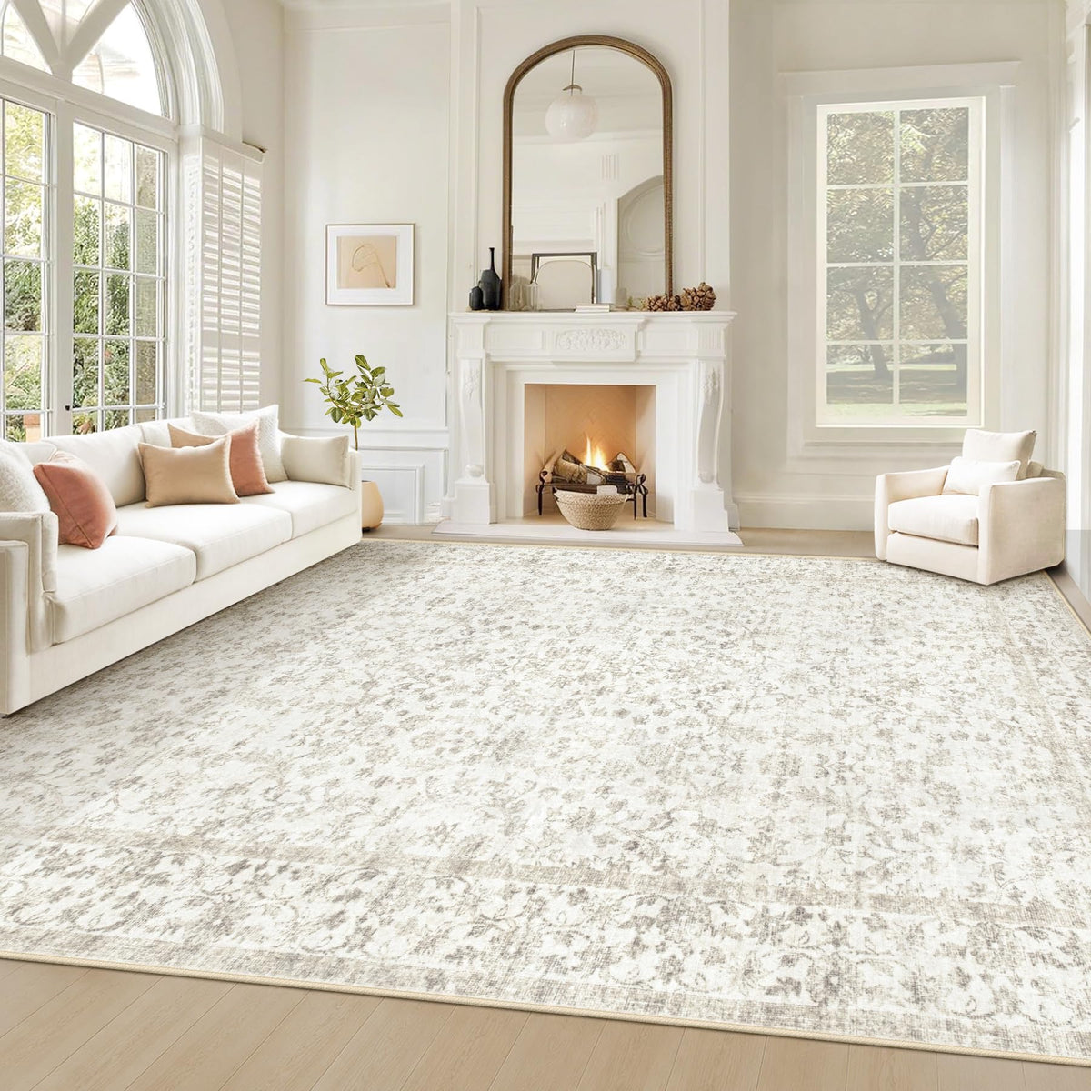 Living Room Rugs 8x10: Washable Moroccan Geometric Boho Rug Farmhouse Non Slip Stain Resistant Large Rug Low Pile Soft Carpet for Bedroom Dining Room Children Room (Beige,8'x10')