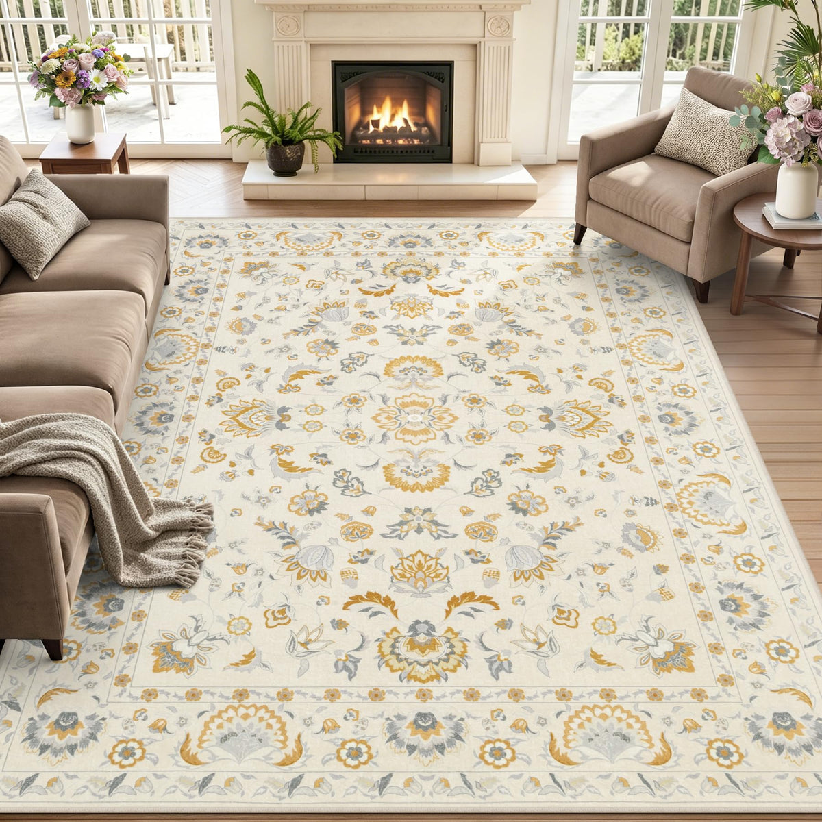 5x7 Area Rug Living Room: Soft Floral Washable Carpet Dark Green