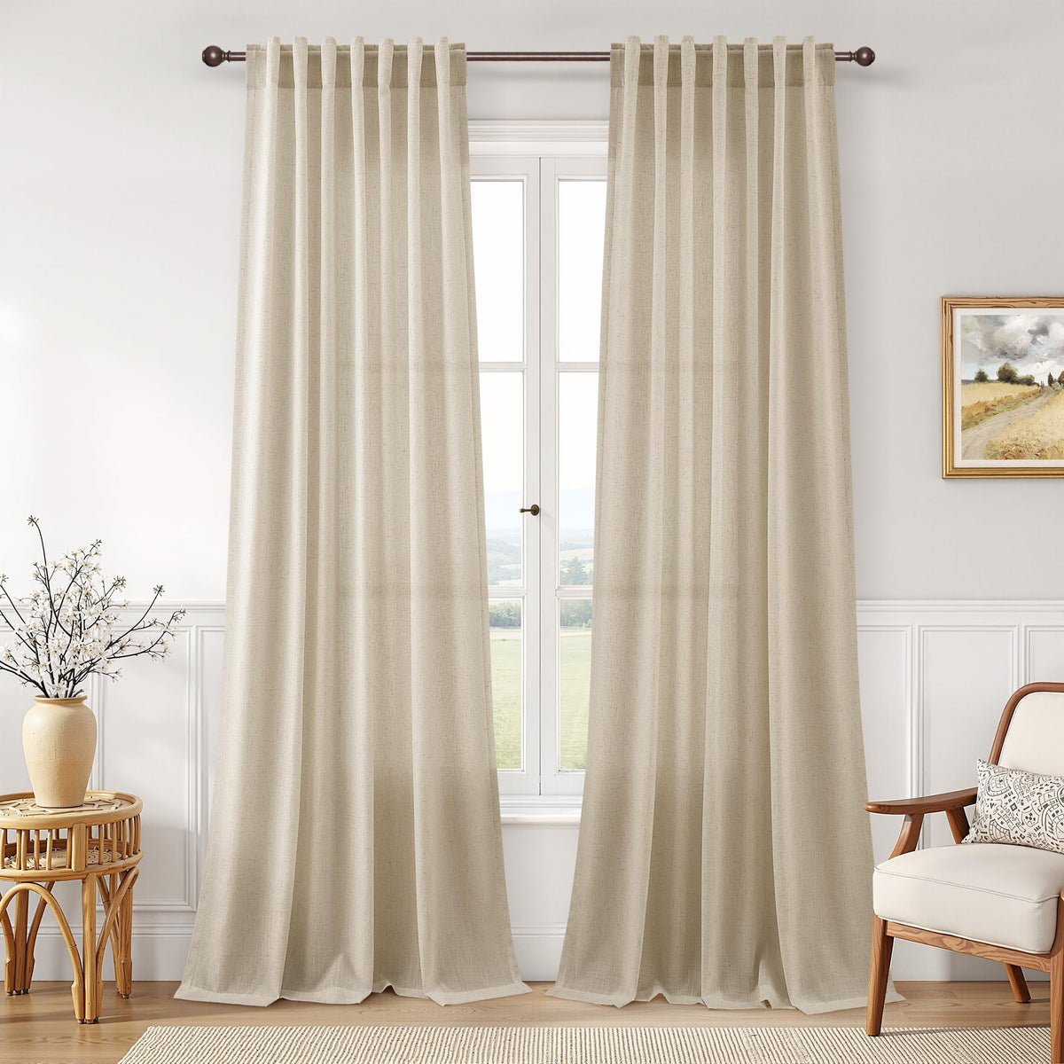 Joywell Linen Sheer Curtains 84 Inches Long for Living Room Beige Cream