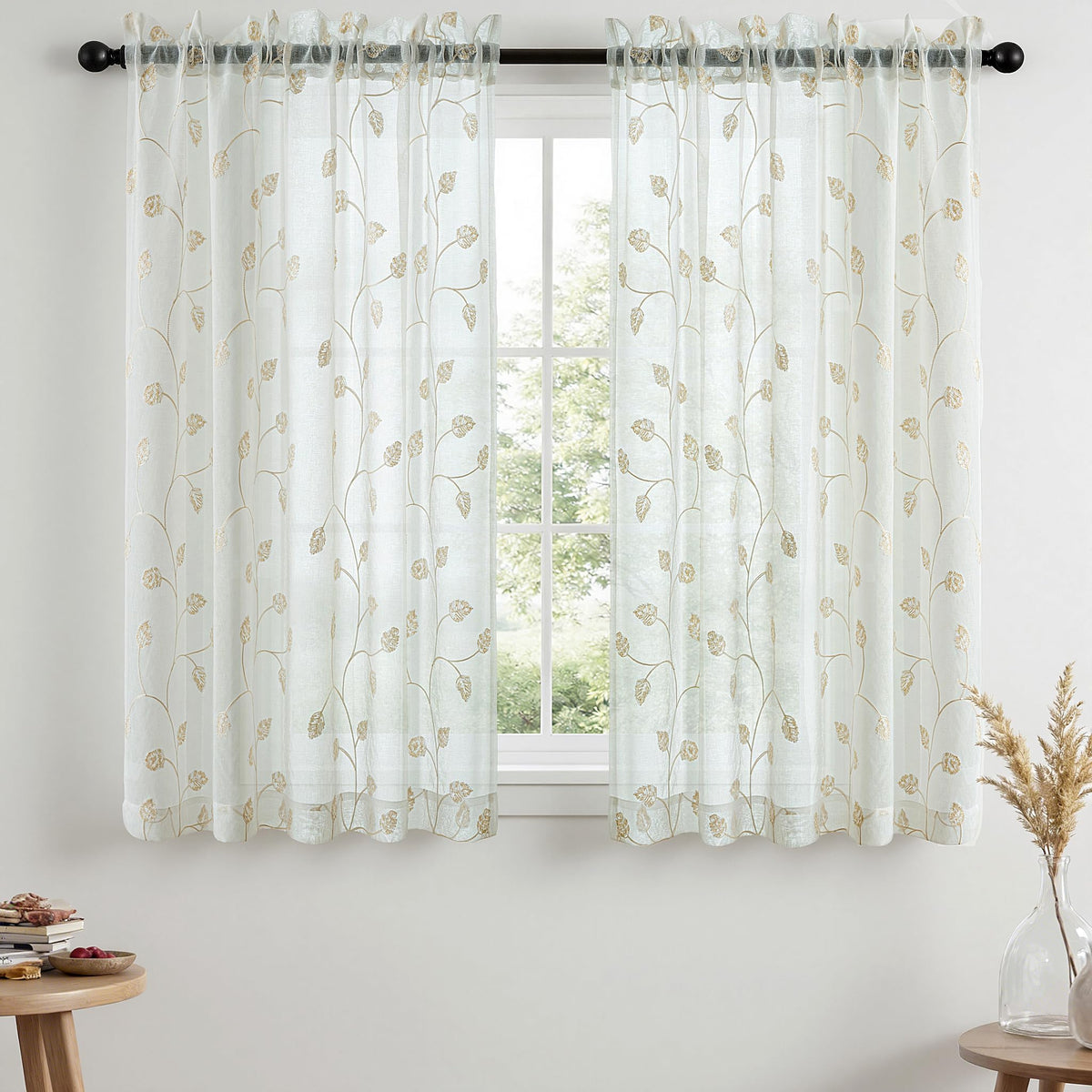 VISIONTEX Sheer Curtains Boho Leaf Floral Embroidered Cream Beige 54Wx84L