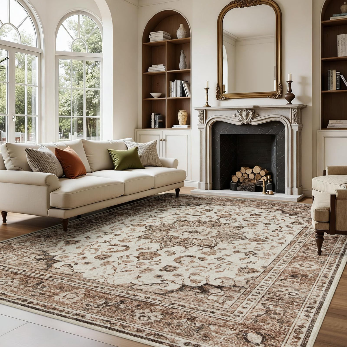 Joydeco Boho Washable Abstract Beige 5x7 Area Rugs for Living Room Bedroom
