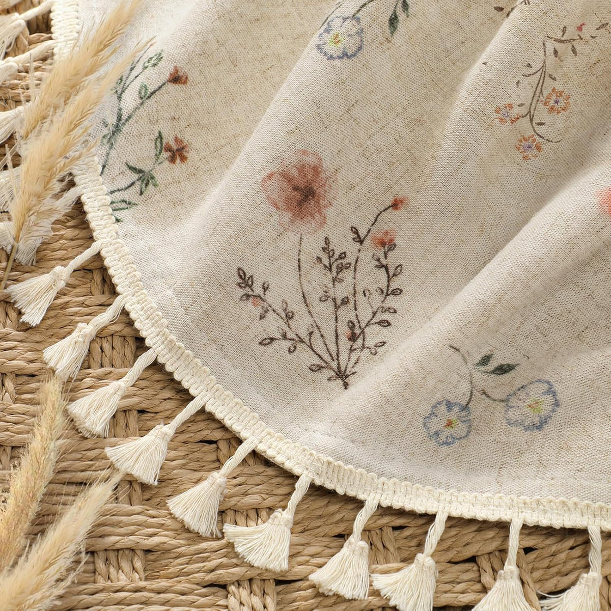Boho Floral Light Filtering Curtains 84 Inch 2 Panels Linen Texture