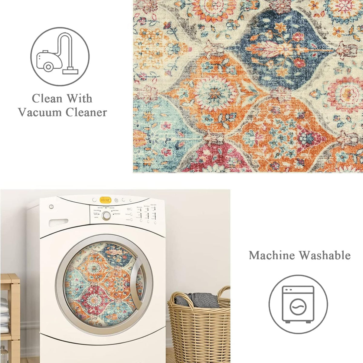 Lahome Moroccan Washable Small Area Rug, 3x5 Rug for Bedroom Living Room