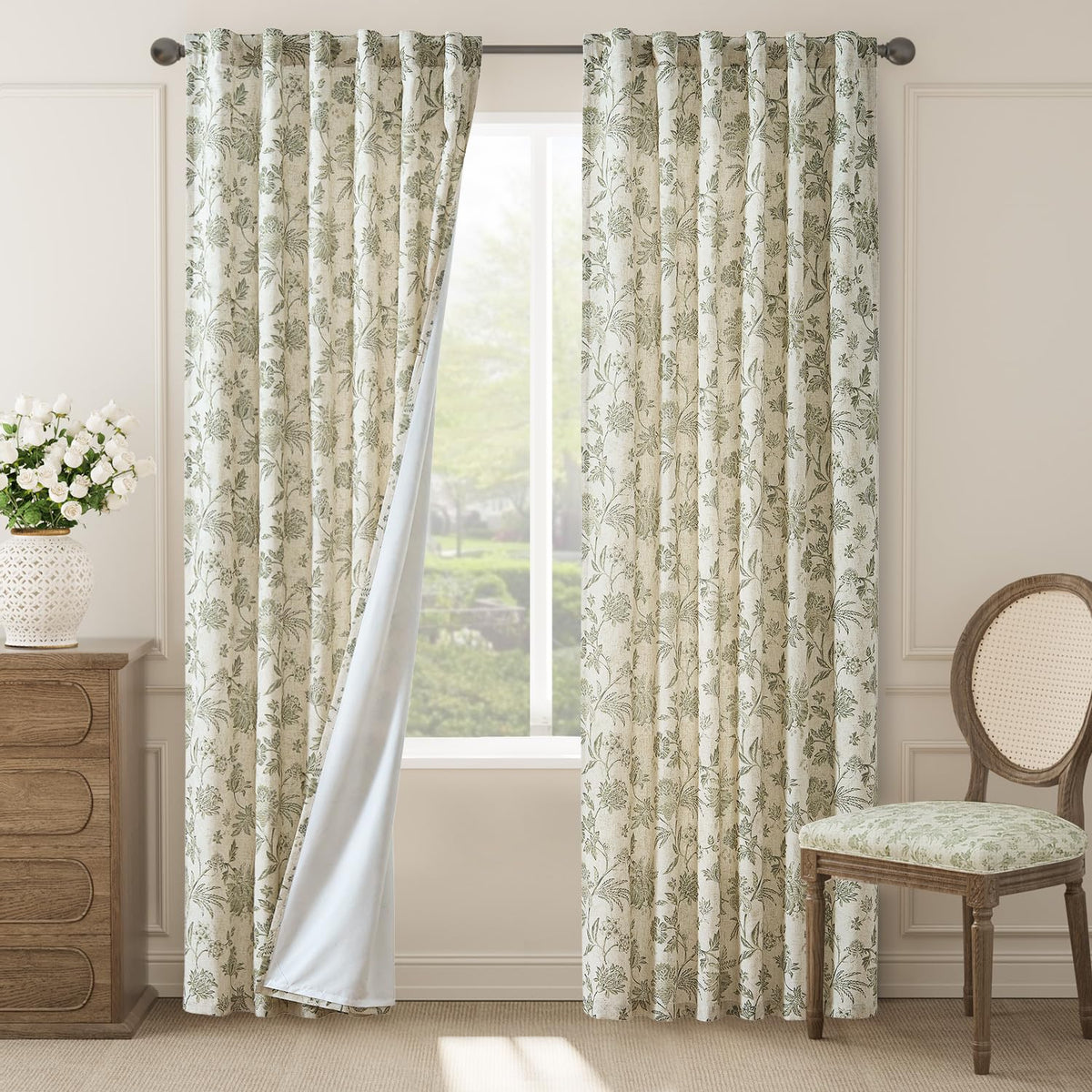 jinchan Green Floral Linen Curtains 84 Inch Vintage Back Tab 2 Panels