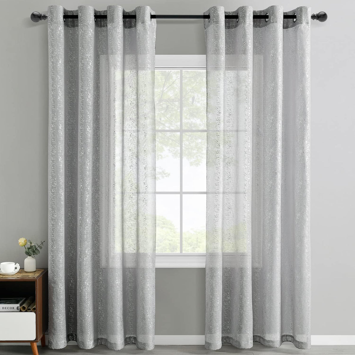 Silver Grey Sheer Curtains with Foil Dots, Grommet, 2 Panels 52 x 84 Inch