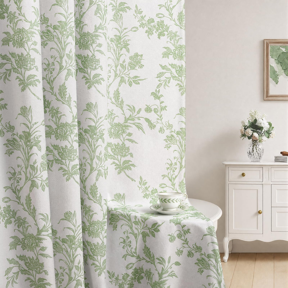 Boho Floral Light Filtering Curtains 84 Inch 2 Panels Linen Texture