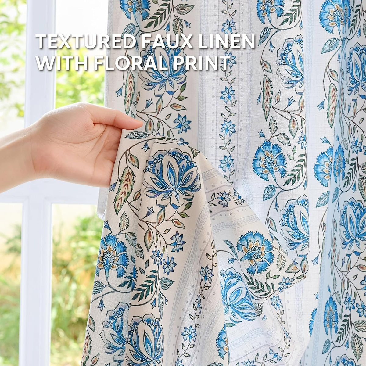 Pinch Pleated Memory Floral Linen Curtains 84 Inches 2 Panels Blue