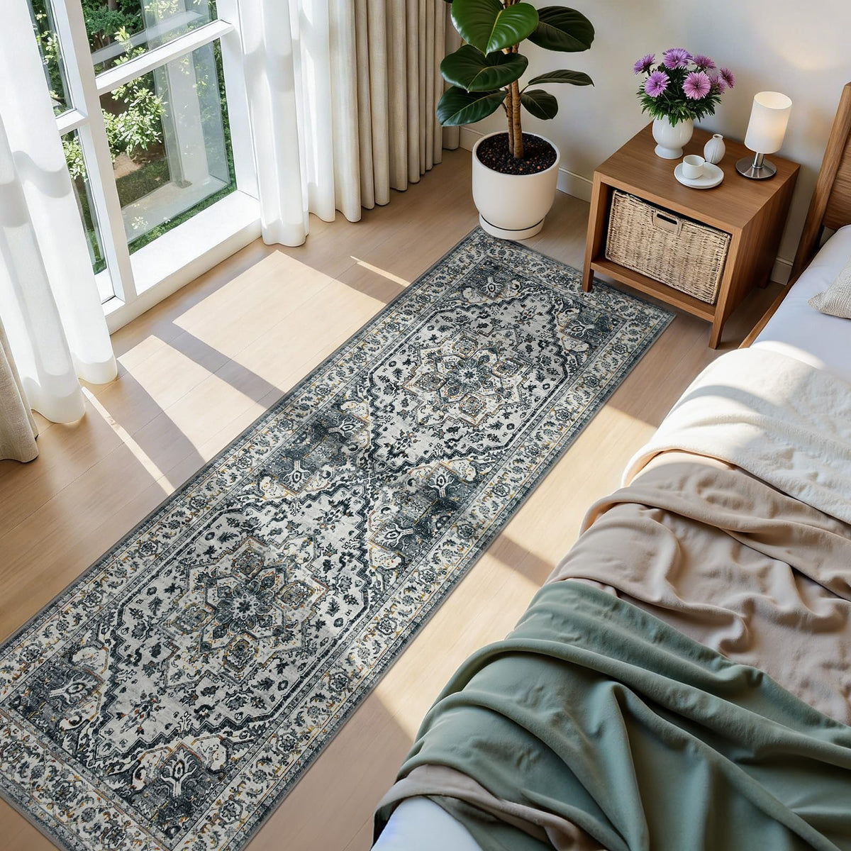 Joydeco Boho Washable Abstract Beige 5x7 Area Rugs for Living Room Bedroom
