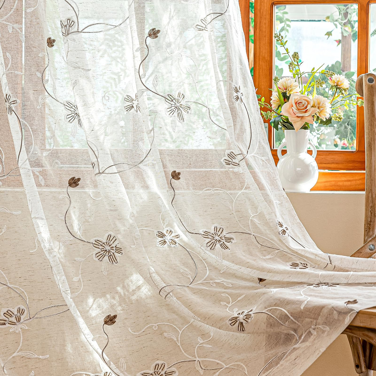 AmHoo 2 Panels Linen Floral Leaf Embroidered Semi Sheer Curtain Farmhouse Voile Curtains for Living Room Bedroom Window Treatment Beige 52 x 84 Inch