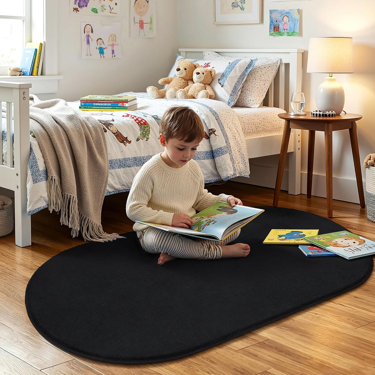 Amearea Soft Oval Rugs for Bedroom, 2.6 x 5.3 Black Bedroom Bedside Rug