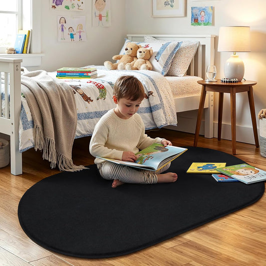 Amearea Soft Oval Rugs for Bedroom, 2.6 x 5.3 Black Bedroom Bedside Rug