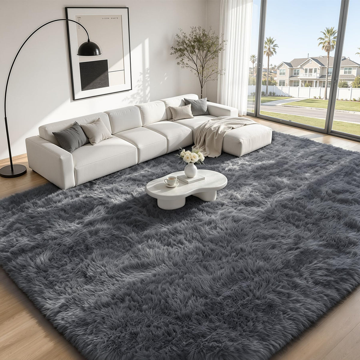 TENGTENGLINK 8x10 Fluffy Shag Area Rug Living Room Bedroom Washable Black