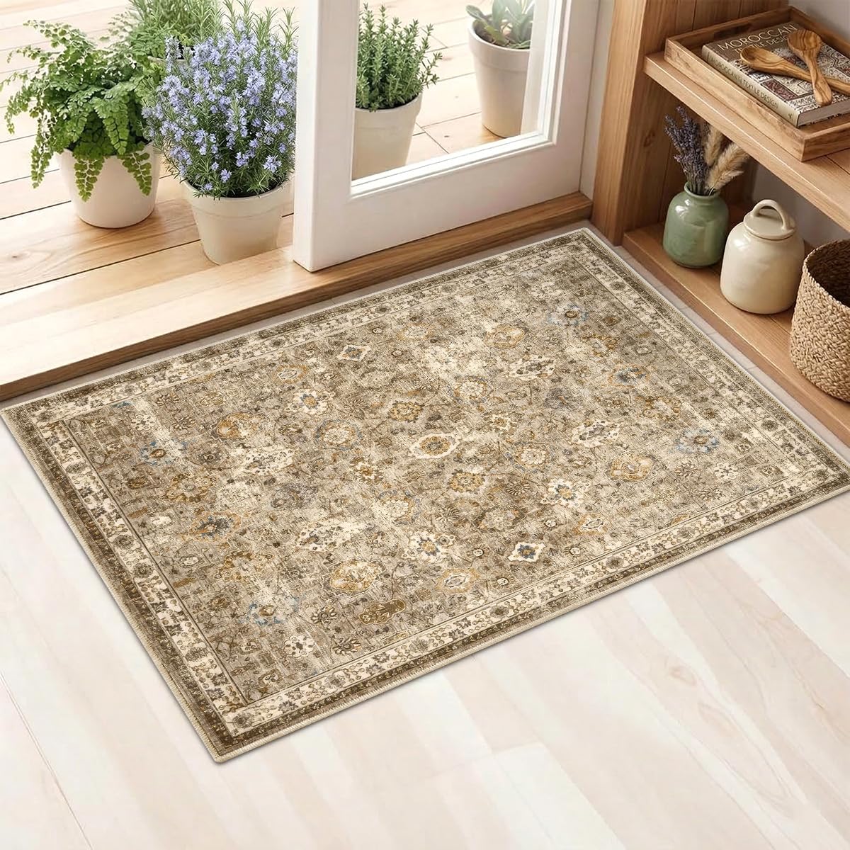8x10 Area Rugs Living Room: Bedroom Vintage Washable Carpet Beige
