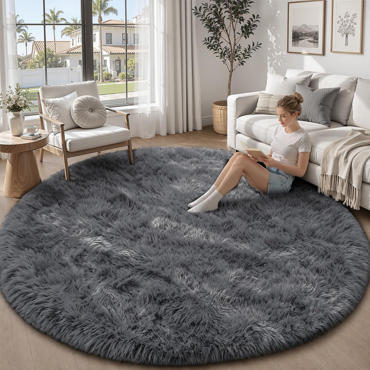 TENGTENGLINK 8x10 Fluffy Shag Area Rug Living Room Bedroom Washable Black