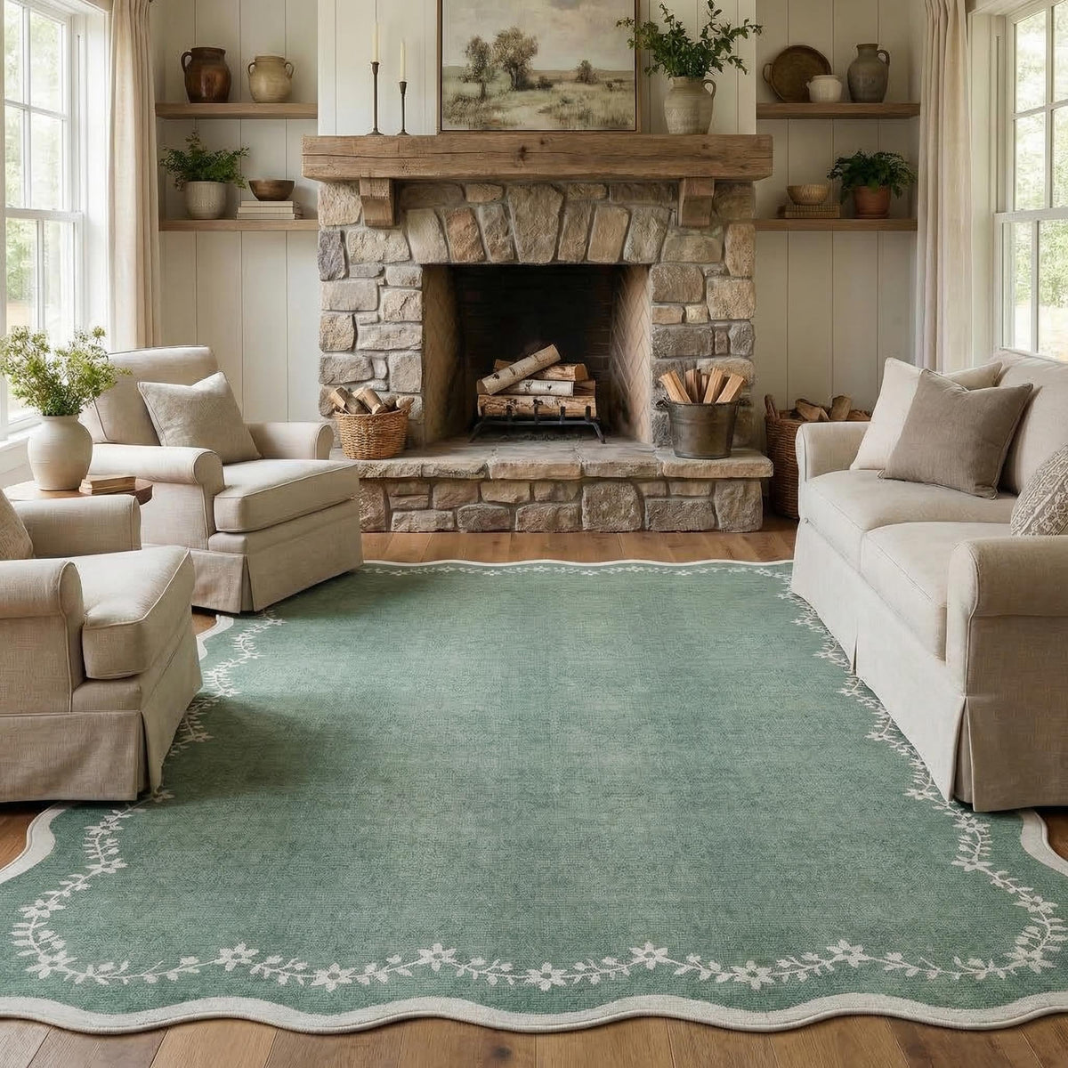 GarveeHome 5x7 Scalloped Area Rug Jute Washable Bedroom Living Room Rug