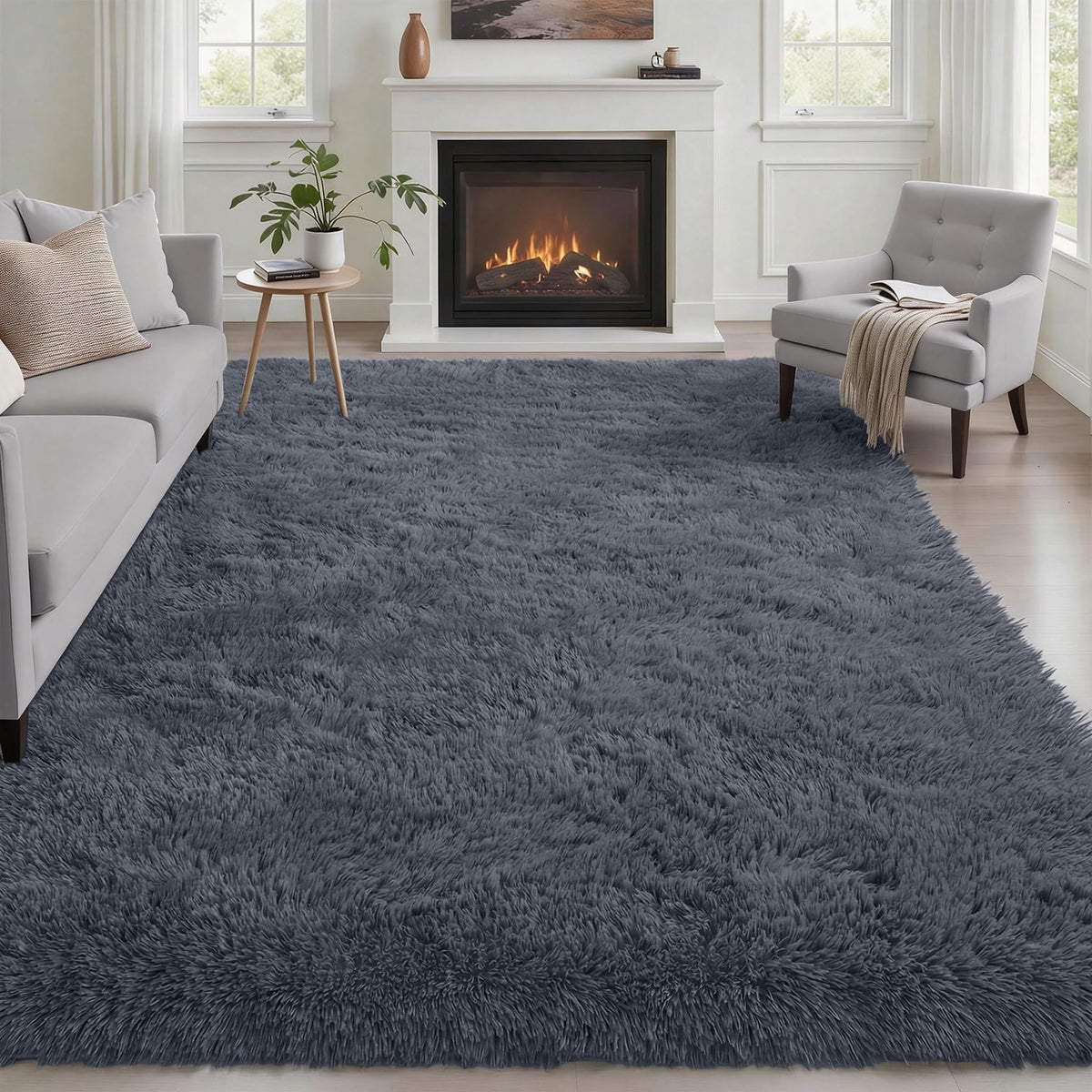 8x10 Area Rug Living Room Bedroom: Fluffy Plush Shag Carpet Black