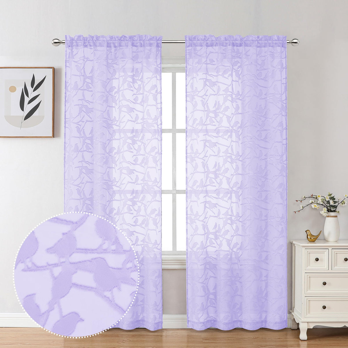 OVZME Sage Green Sheer Curtains 63 Inch Length 2 Panel Set, Light Filtering Bedroom Curtains with Dual Rod Pocket Top, Leaf Bird Clip Jacquard Sheer Farmhouse Window Drapes for Living Room, 2x38Wx63L