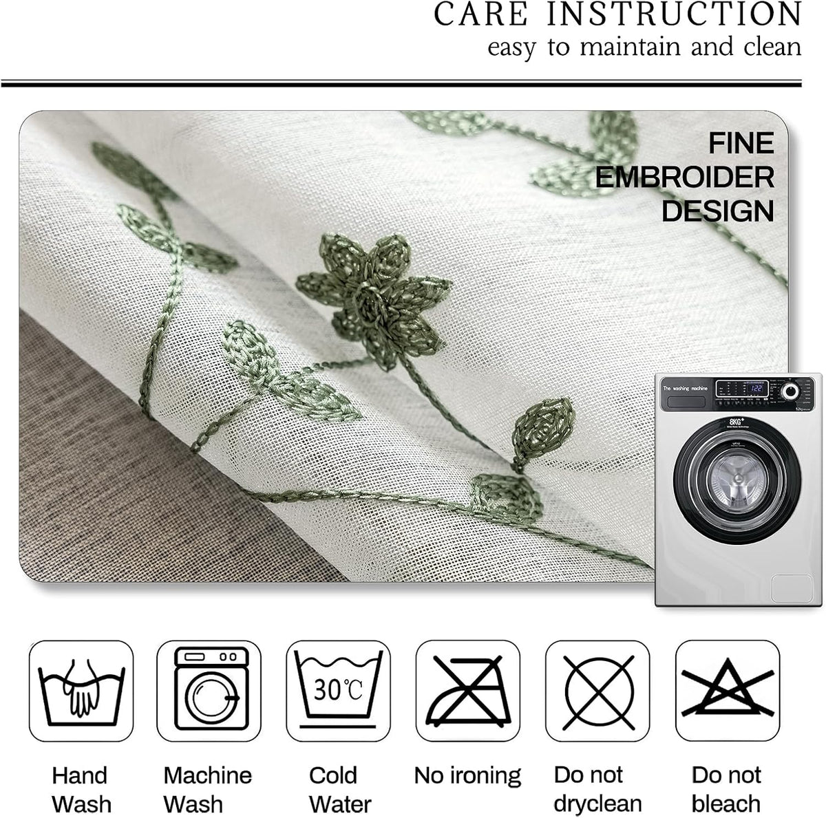 AmHoo 2 Panels Leaf Flora Embroidered Farmhouse Semi Sheer Curtain Voile Curtains for Living Room Bedroom Window Treatment White Sage Green 53 x 84 Inch