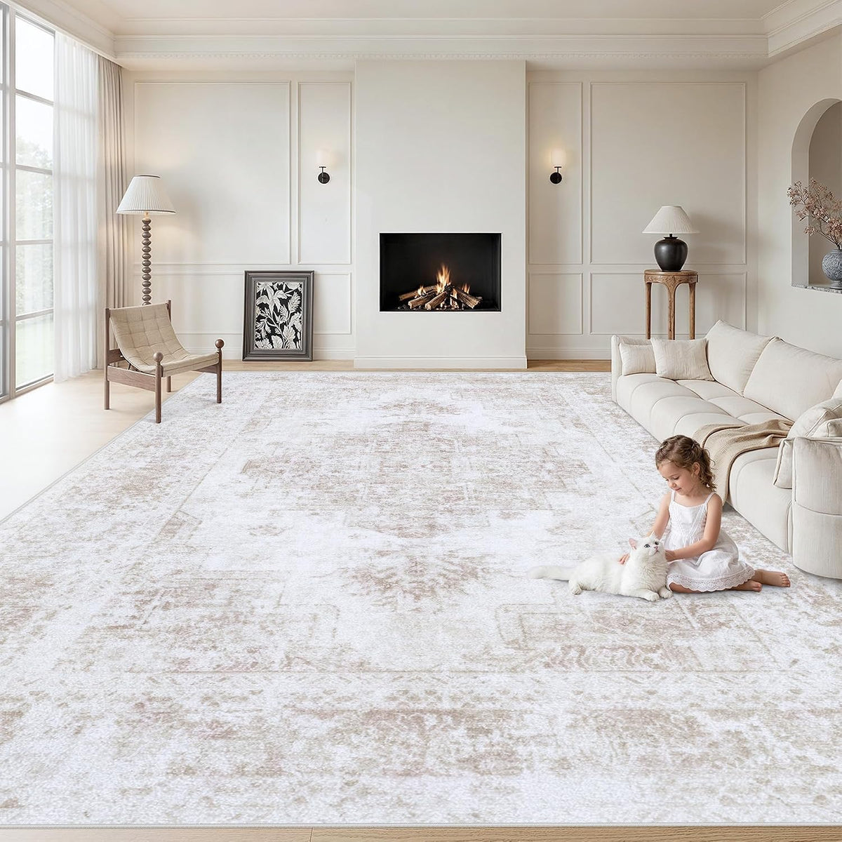 XLUEZ Area Rug 8x10 Living Room Rug, Machine Washable Vintage Distressed Medallion Rug Non-Slip Soft Low Pile Large Indoor Rugs for Bedroom Dining Room Office Children's Room (Beige,8'x10')