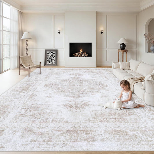 XLUEZ Area Rug 8x10 Living Room Rug, Machine Washable Vintage Distressed Medallion Rug Non-Slip Soft Low Pile Large Indoor Rugs for Bedroom Dining Room Office Children's Room (Beige,8'x10')