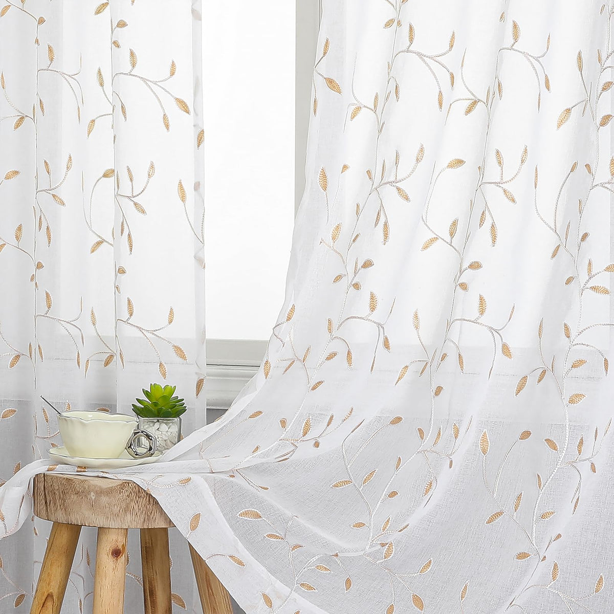 VISIONTEX Sheer Curtains Boho Leaf Floral Embroidered Cream Beige 54Wx84L