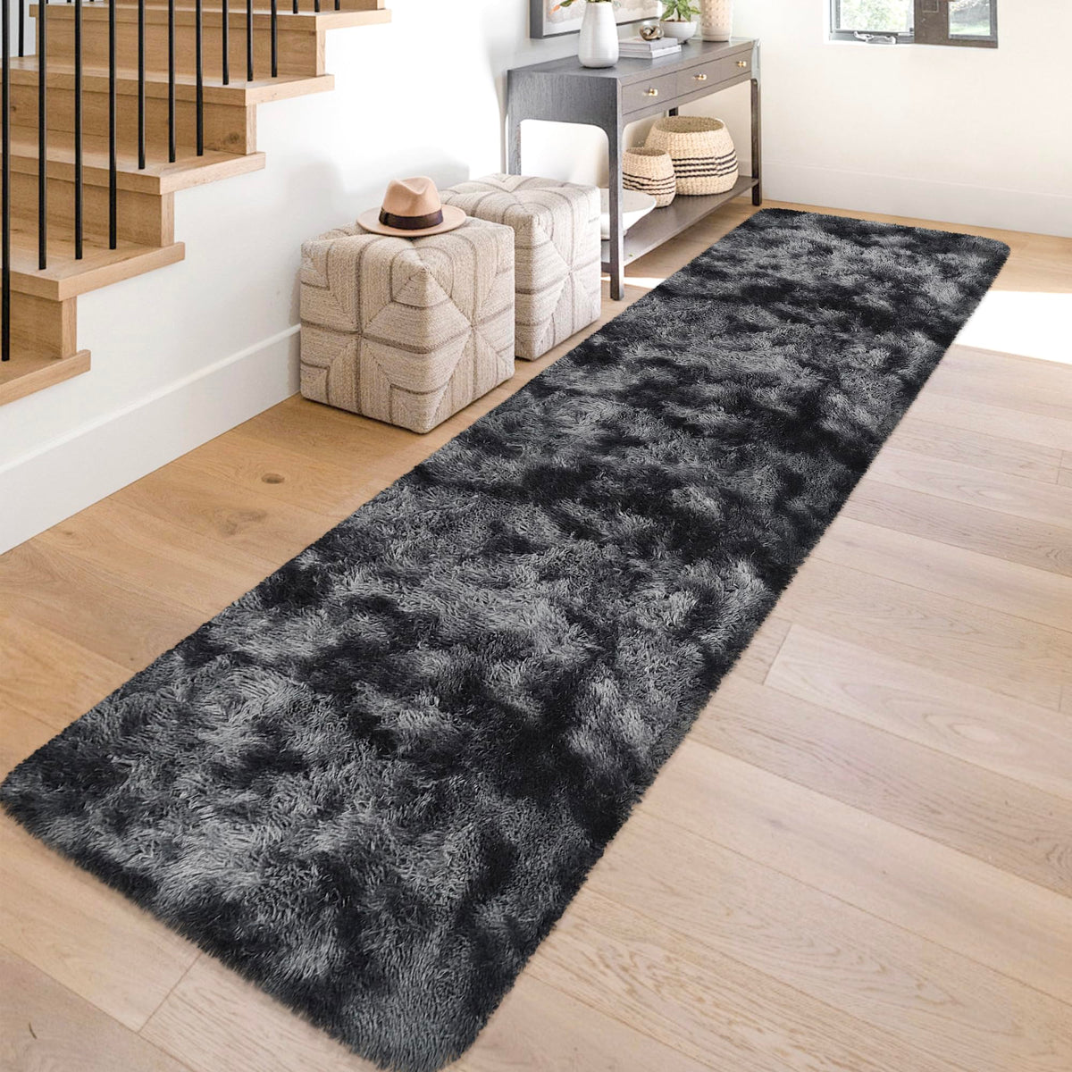 Tie-Dyed Runner Rug for Bedroom Black Grey 2x6ft Fluffy Area Rug Bedside Runner Rug for Kids Room Boys Teens Nursery Baby Living Room Dorm Home Decor Carpets