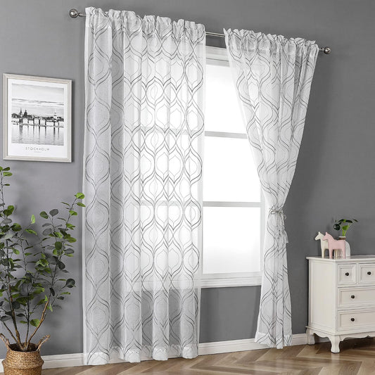 VISIONTEX White Sheer Curtains Grey Moroccan Embroidered 63 Inch Length