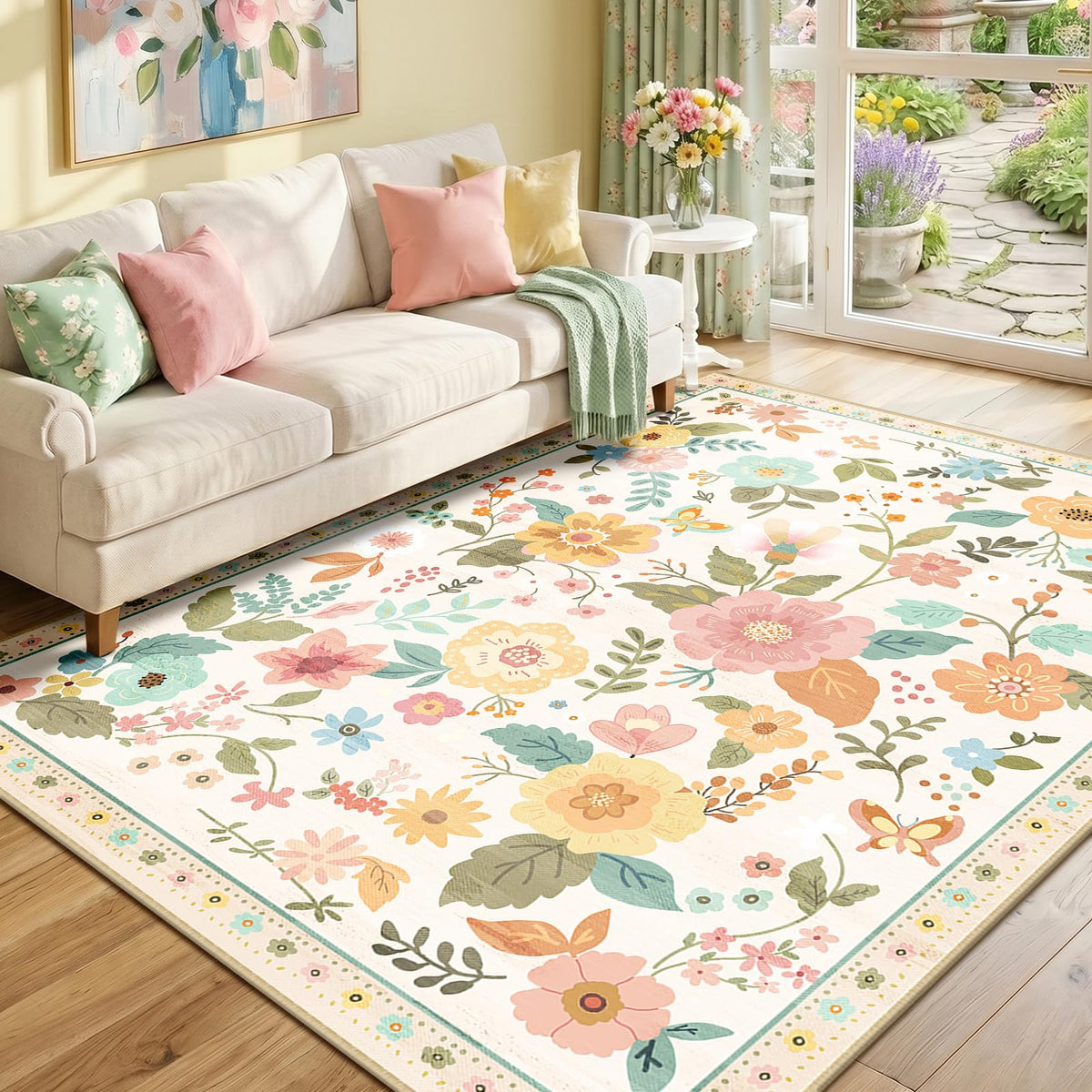 RELEANY Floral Washable 5x7 Area Rugs Pink