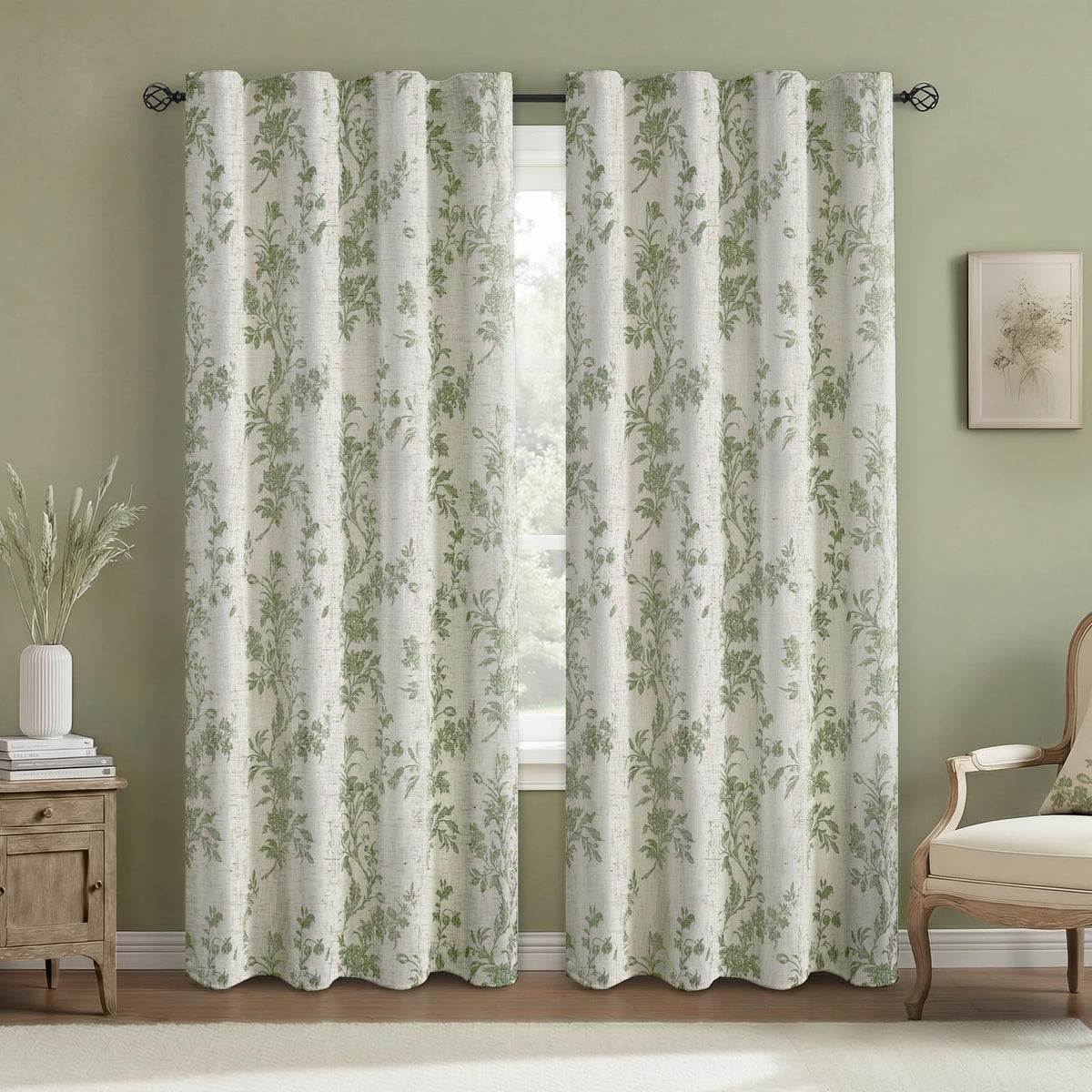 Boho Floral Light Filtering Curtains 84 Inch 2 Panels Linen Texture