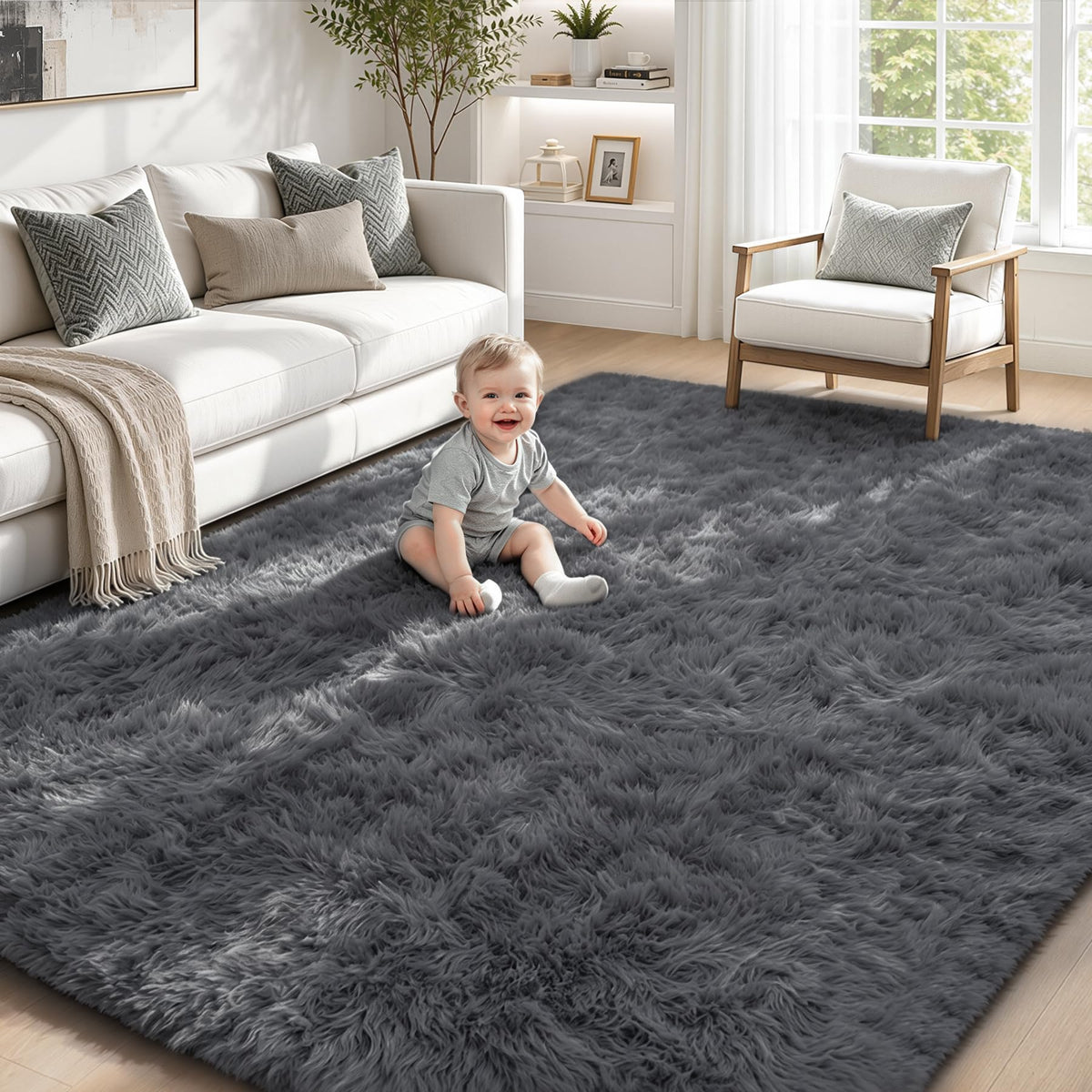 TENGTENGLINK 8x10 Fluffy Shag Area Rug Living Room Bedroom Washable Black
