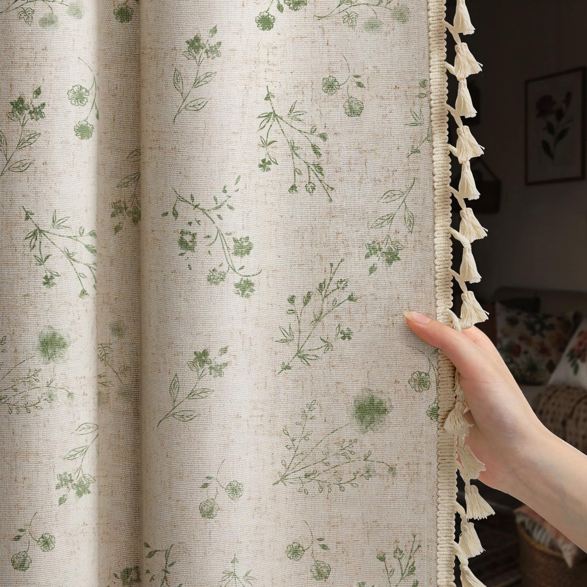 Boho Floral Light Filtering Curtains 84 Inch 2 Panels Linen Texture