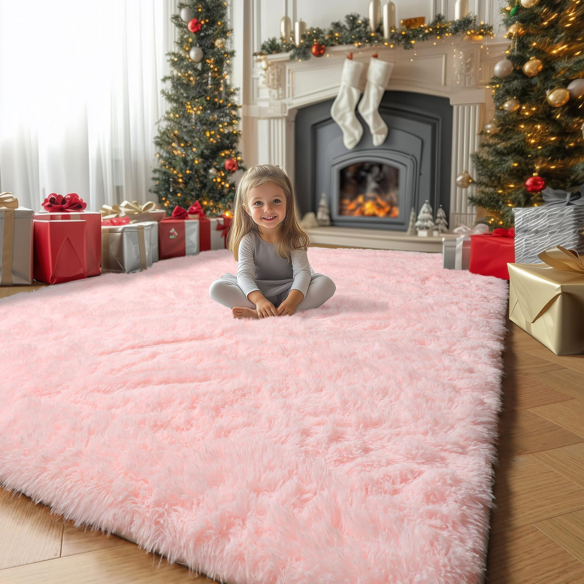 Amdrebio Light Pink Fluffy Fuzzy Area Rug 4x6 for Girls Bedroom Kids Room