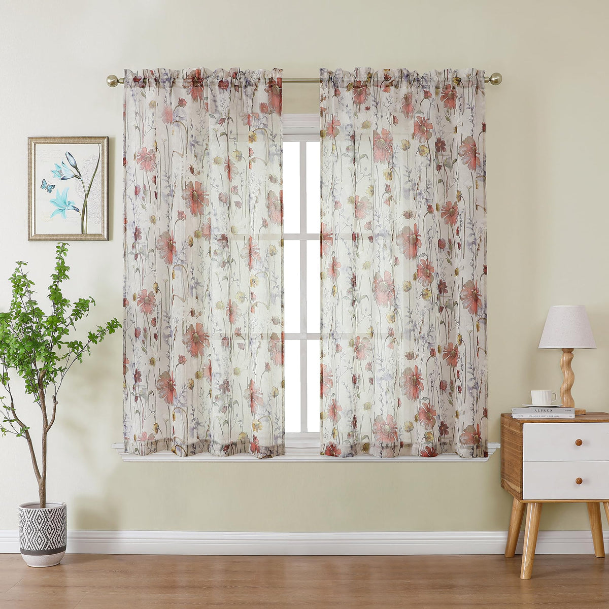 OWENIE Crushed Semi Sheer Curtains 72 Inches Length 2 Panels, Floral Pattern Design Rod Pocket Light Filtering Farmhouse Curtains for Bedroom Living Room, 2 Pieces Total 84 Inch Wide, 72 inch Long