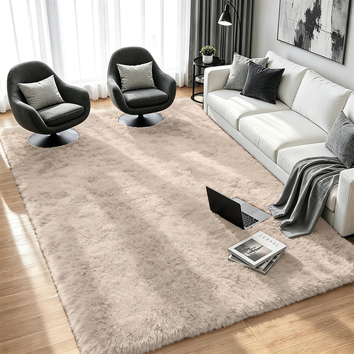8x10 Black Area Rug for Living Room Bedroom, Soft Fluffy Fuzzy Fur Shag Rug