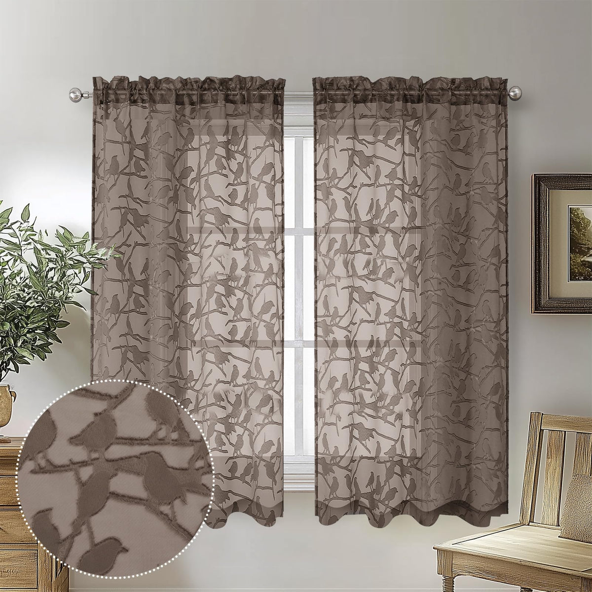 OVZME Sage Green Sheer Curtains 63 Inch Length 2 Panel Set, Light Filtering Bedroom Curtains with Dual Rod Pocket Top, Leaf Bird Clip Jacquard Sheer Farmhouse Window Drapes for Living Room, 2x38Wx63L