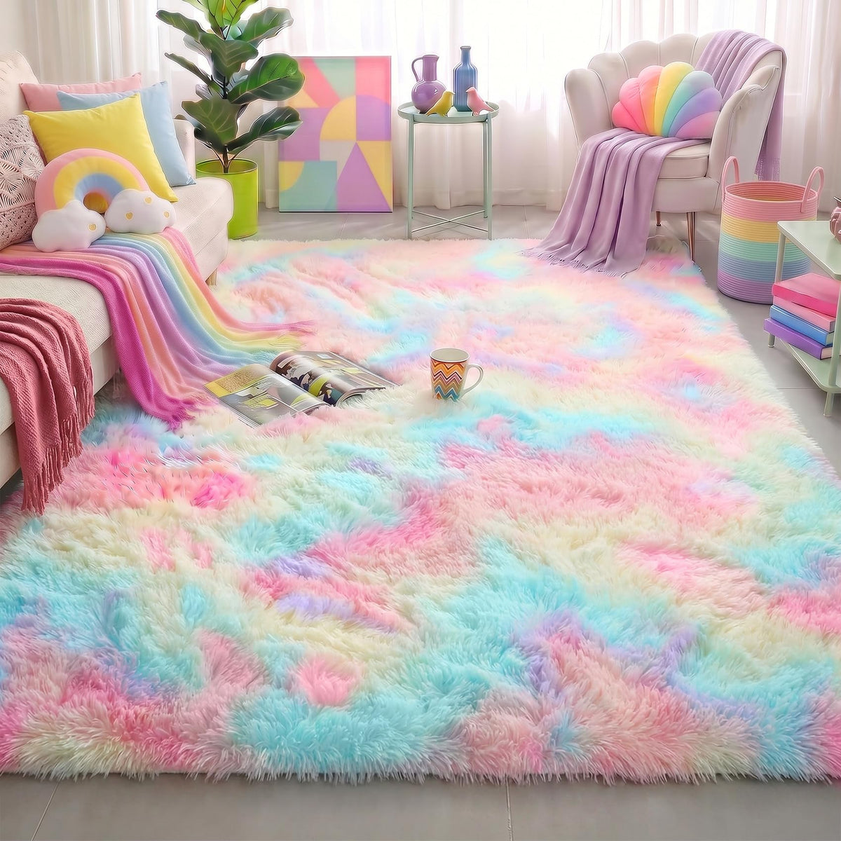 Amdrebio Light Pink Fluffy Fuzzy Area Rug 4x6 for Girls Bedroom Kids Room