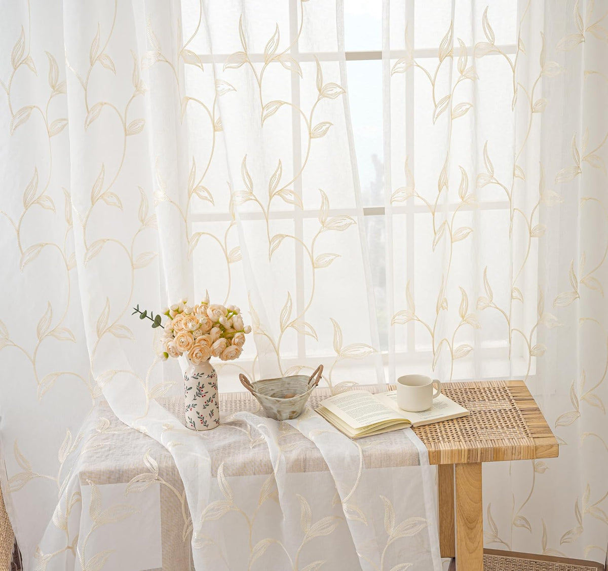 VISIONTEX Sheer Curtains Boho Leaf Floral Embroidered Cream Beige 54Wx84L