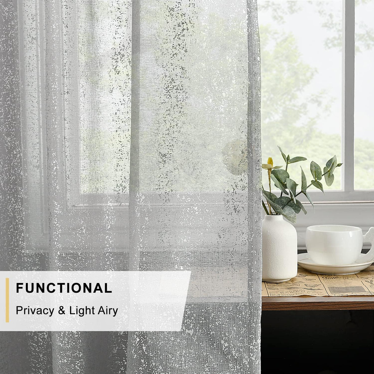 Silver Grey Sheer Curtains with Foil Dots, Grommet, 2 Panels 52 x 84 Inch