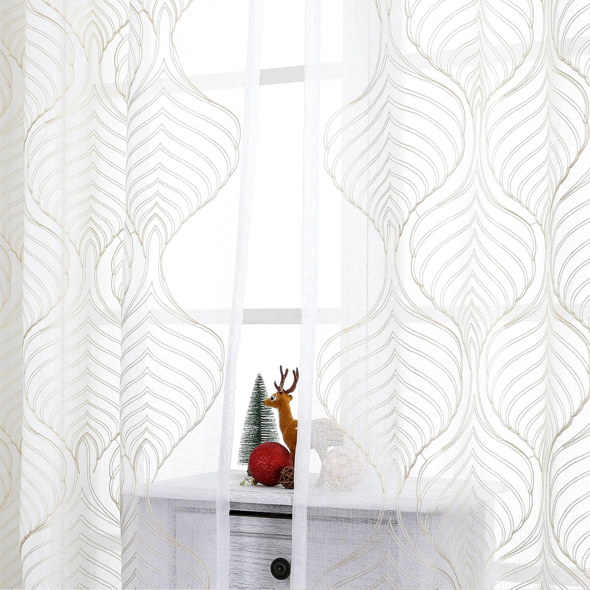 VISIONTEX White Sheer Curtains Grey Moroccan Embroidered 63 Inch Length
