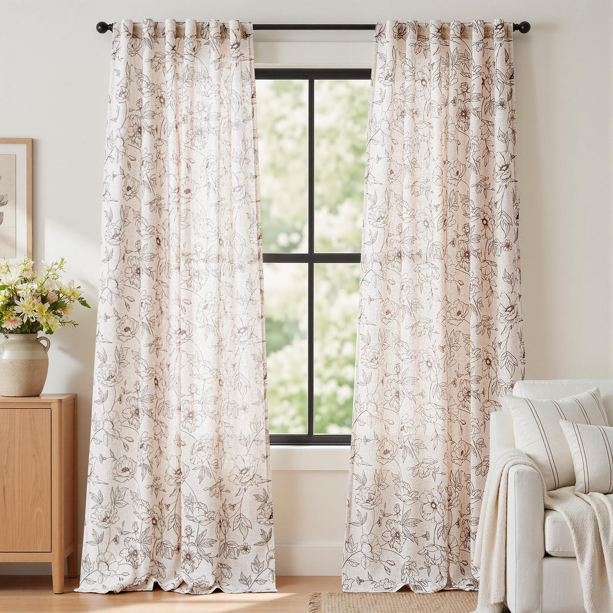 jinchan Taupe Floral Linen Curtains 84 Inch Farmhouse Back Tab 2 Panels