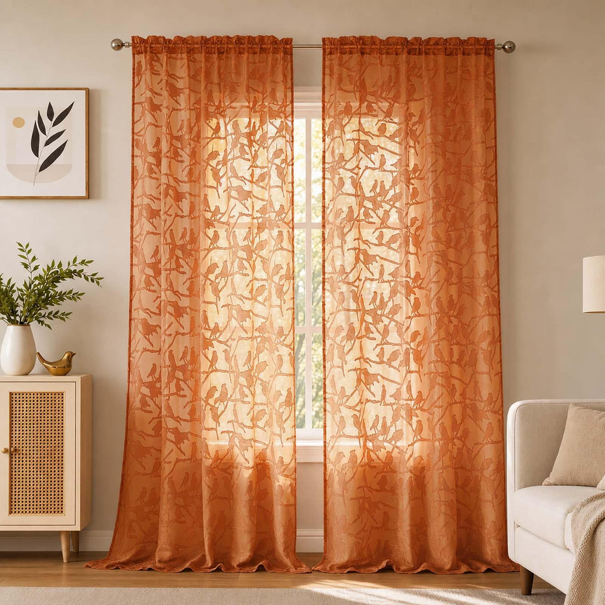 OVZME Sage Green Sheer Curtains 63 Inch Length 2 Panel Set, Light Filtering Bedroom Curtains with Dual Rod Pocket Top, Leaf Bird Clip Jacquard Sheer Farmhouse Window Drapes for Living Room, 2x38Wx63L
