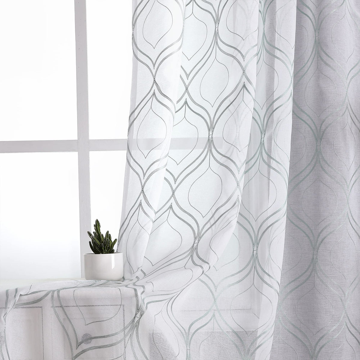 VISIONTEX White Sheer Curtains Grey Moroccan Embroidered 63 Inch Length