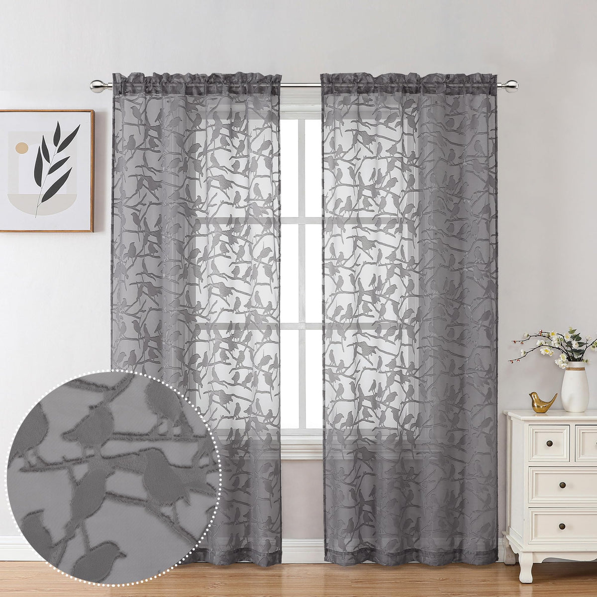 OVZME Sage Green Sheer Curtains 63 Inch Length 2 Panel Set, Light Filtering Bedroom Curtains with Dual Rod Pocket Top, Leaf Bird Clip Jacquard Sheer Farmhouse Window Drapes for Living Room, 2x38Wx63L