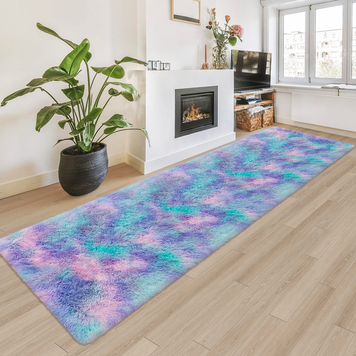 Tie-Dyed Runner Rug for Bedroom Black Grey 2x6ft Fluffy Area Rug Bedside Runner Rug for Kids Room Boys Teens Nursery Baby Living Room Dorm Home Decor Carpets
