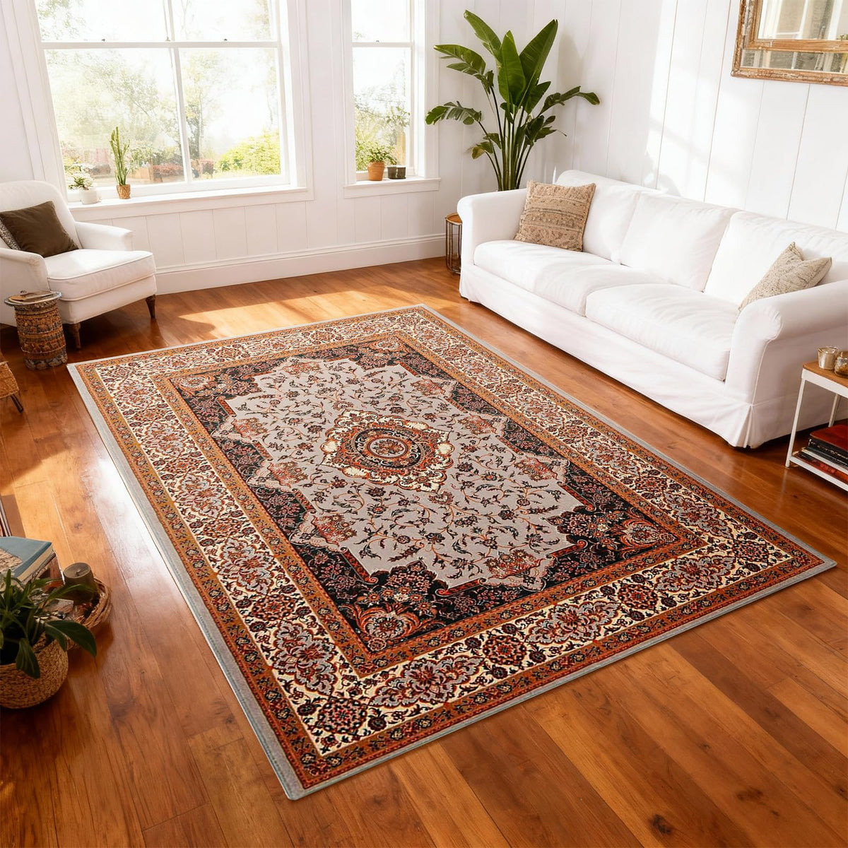 Hanples 5x7 Area Rugs for Living Room, Washable Rug Vintage Floral, Beige