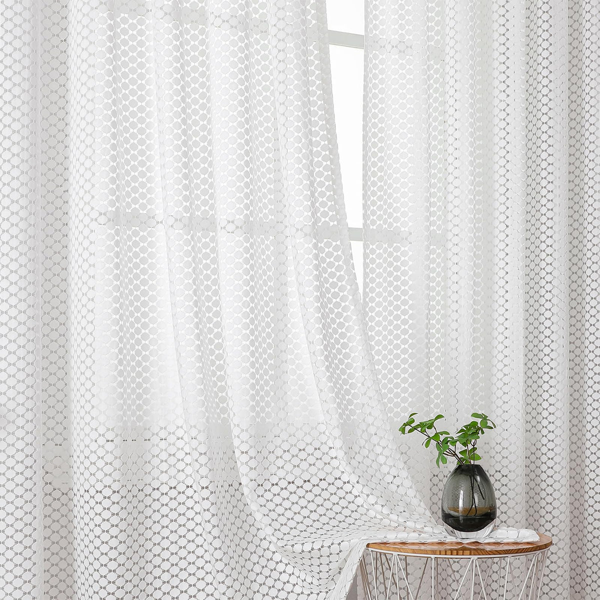 VISIONTEX White Sheer Curtains Grey Moroccan Embroidered 63 Inch Length