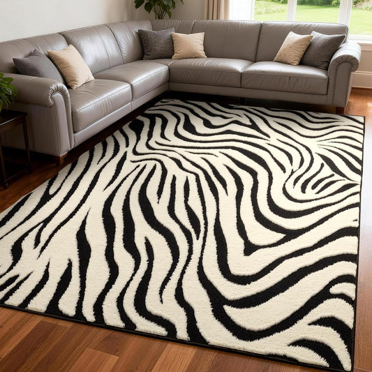 YIHOUSE 5×7 Ft Area Rugs for Living Room: Modern Washable Rug - Abstract Black and Cream White Rug for Bedroom Dining Room Office Playroom Nursery Home Decor - Nonslip Non-Shedding Striped Rugs