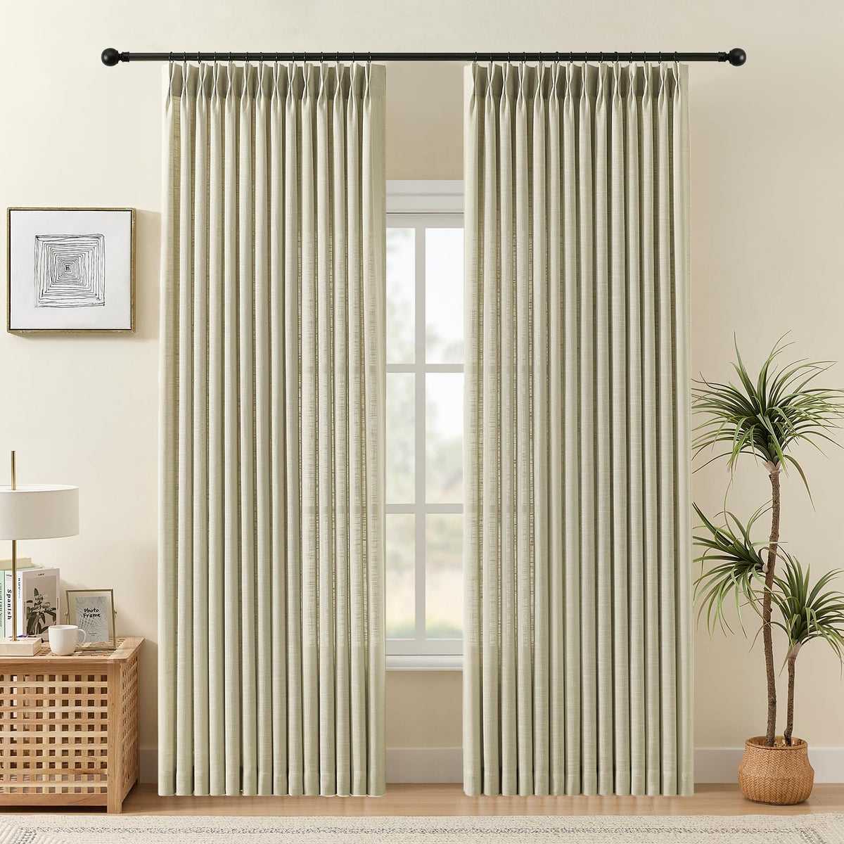 Pinch Pleated Linen Curtains 96 Inches Semi Sheer Light Filtering, 2 Panels