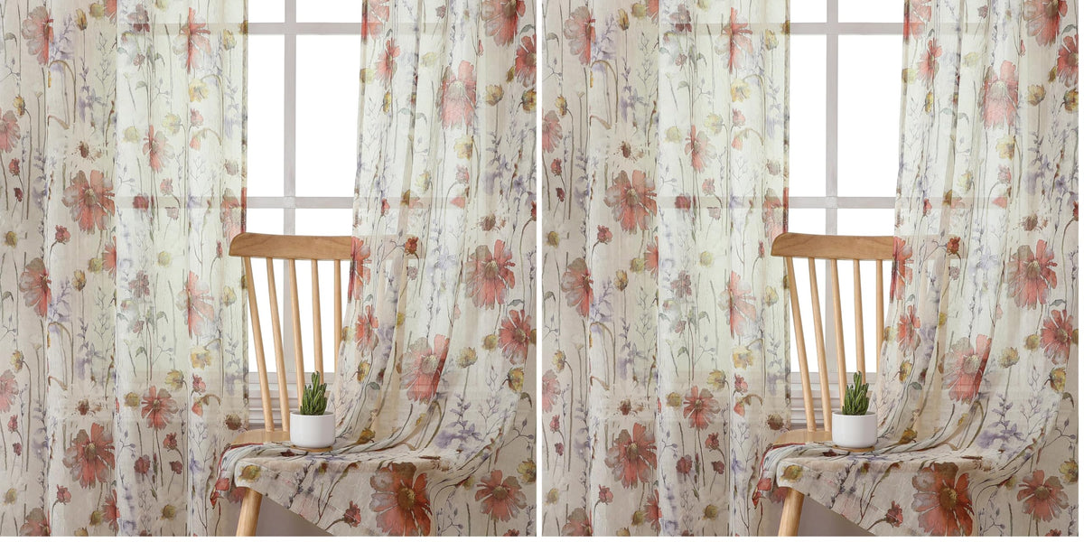OWENIE Crushed Semi Sheer Curtains 72 Inches Length 2 Panels, Floral Pattern Design Rod Pocket Light Filtering Farmhouse Curtains for Bedroom Living Room, 2 Pieces Total 84 Inch Wide, 72 inch Long