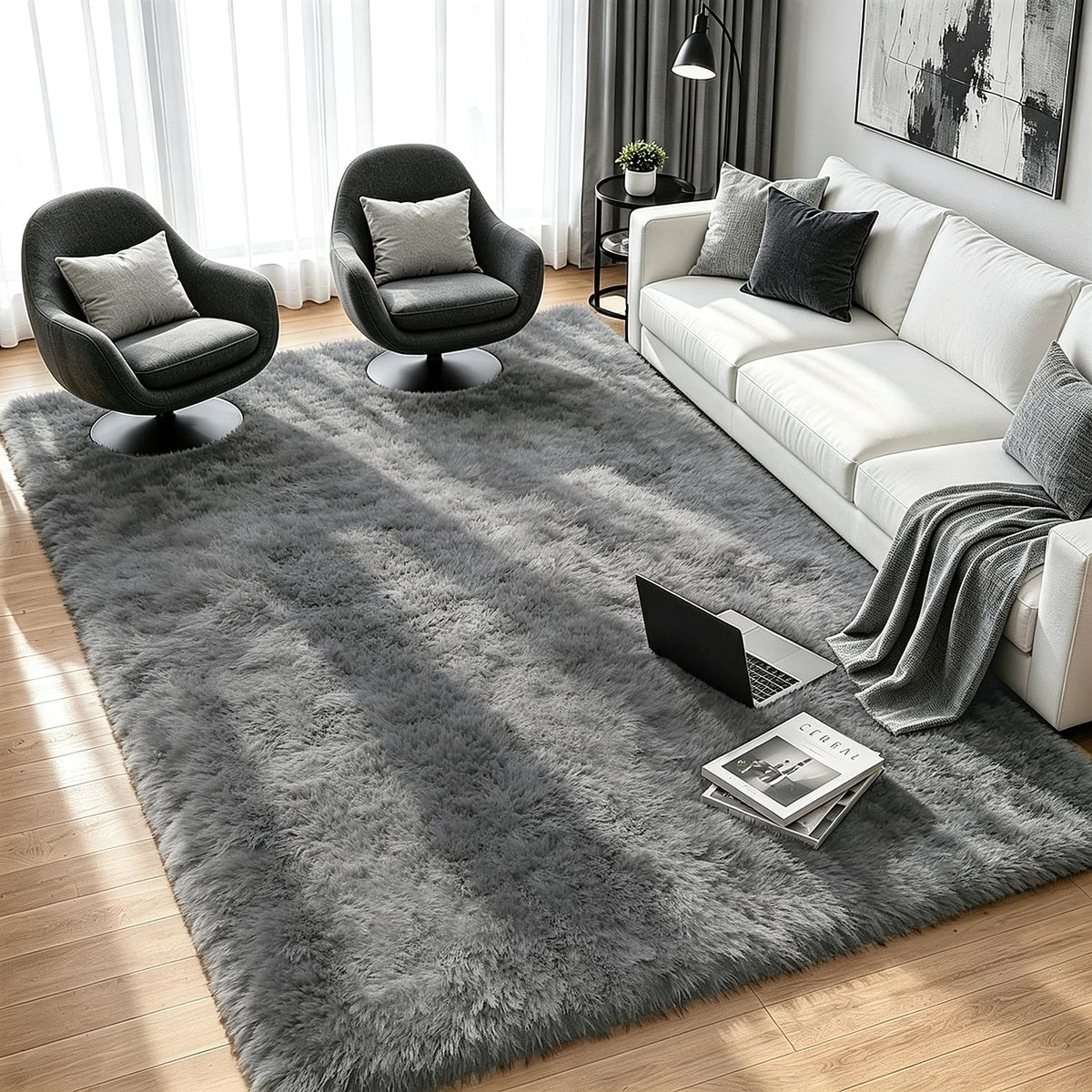 8x10 Black Area Rug for Living Room Bedroom, Soft Fluffy Fuzzy Fur Shag Rug